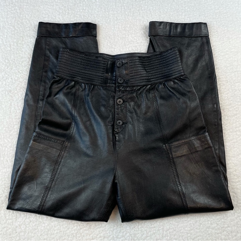 (VTG) Black Genuine Leather High-Waisted Pants, S